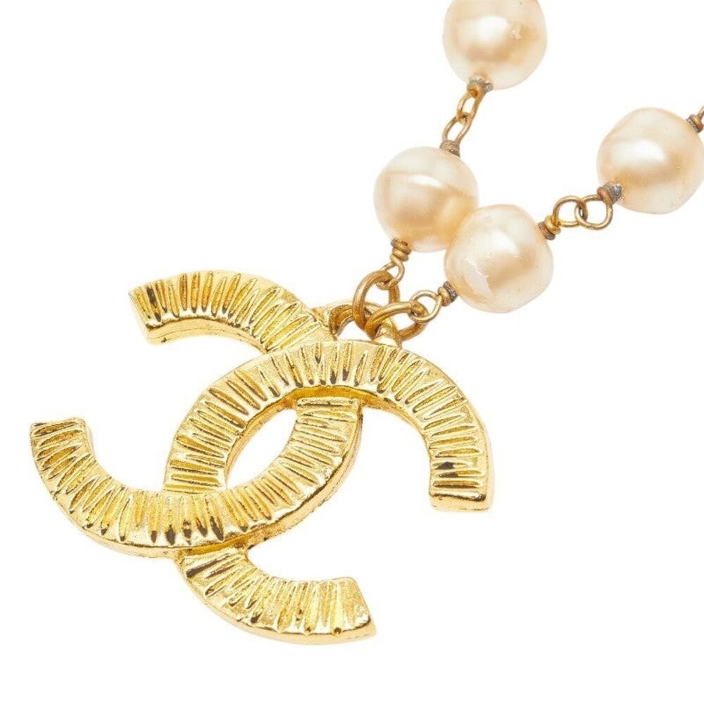 Chanel CC Logo Pendant Necklace Gold Plated Faux Pearl